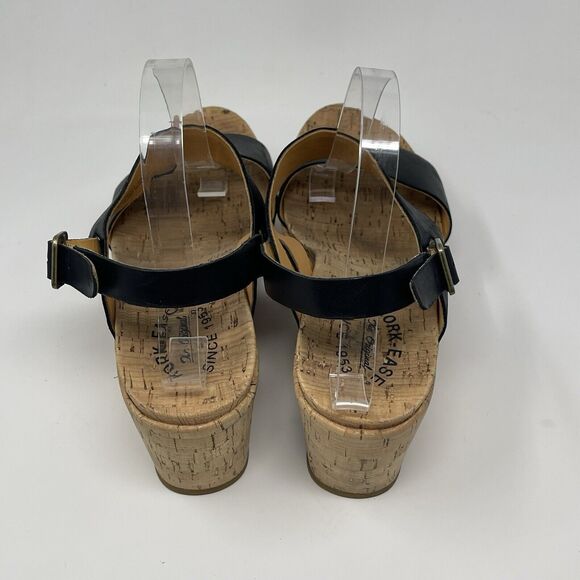 Kork Ease Austin Cork Wedge Sandals Womens 10 M Black Leather Ankle Strap Buckle - Picture 11 of 16